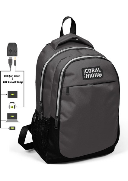 Kids Koyu Gri Üç Bölmeli USB Şarjlı Kulaklık Çıkışlı Sırt Çantası 24307