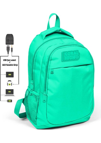 Kids Su Yeşili Üç Bölmeli USB Şarjlı Kulaklık Çıkışlı Sırt Çantası 24309