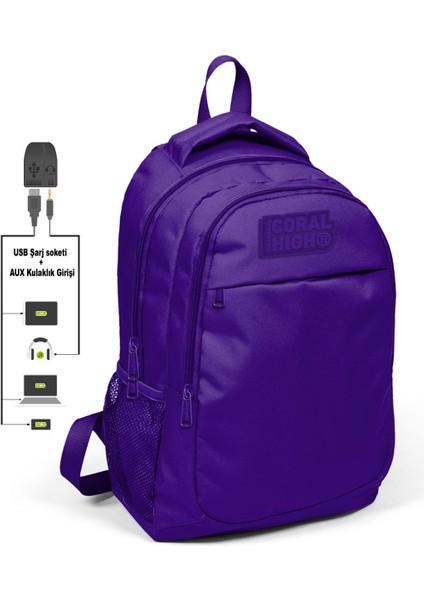 Kids Mor Üç Bölmeli USB Şarjlı Kulaklık Çıkışlı Sırt Çantası 24311