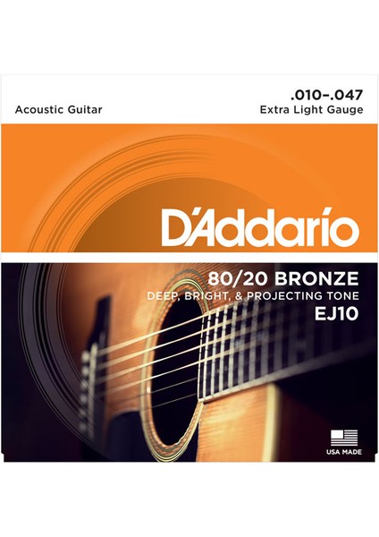 Daddario EJ10 80/20 Bronze Extra Light Takım Tel Akustik Gitar Teli 010-047