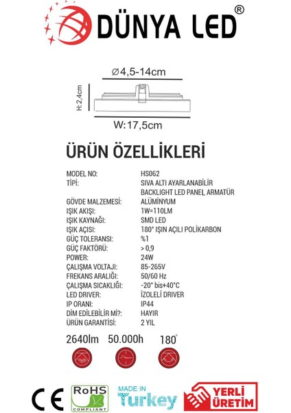 Dünya Led HS062/1 24W Delik Çapı Ayarlanabilir Sıva Altı Backlıght Spot Panel 6500K Beyaz Işık Driver