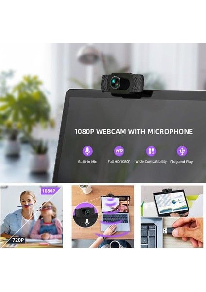 Cmos Sensörlü Hd 1080P Mikrofonlu USB Webcam -Siyah (Yurt Dışından)