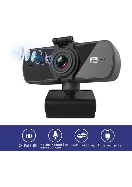 360 Derece Dönebilen C5 4 Milyon Piksel Otomatik Odak 2k Hd Sürücüsüz Mikrofonlu USB Webcam -Siyah (Yurt Dışından)