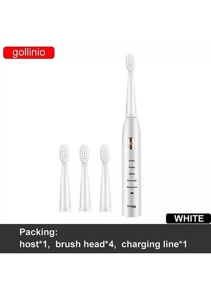Gollinio Sonic Elektrikli Diş Fırçası Yetişkin Zamanlayıcı Fırçası 5 Modu Usb Şarj Şarj Edilebilir Diş Fırçaları Yedek Kafaları Set Gl15A (Gl15 Beyaz 8 Kafaları) (Yurt Dışından)