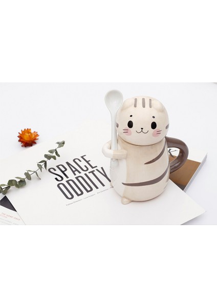 Sevimli Kedi Seramik Kahve Kupa Kaşıkla Yaratıcı El Boyalı Drinkware Süt Çay Bardağı Yenilik Hediyeler | Kupalar (Sarı) (Yurt Dışından)