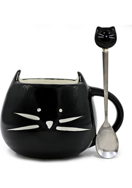 Seramik Sevimli Kedi Kupalar Kaşık Kahve Çay Süt İle Hayvan Bardaklar Saplı 400 Ml Drinkware Güzel Hediyeler | Kedi Kupa | Kupa Kupa İle Kupa (Siyah) (Yurt Dışından)