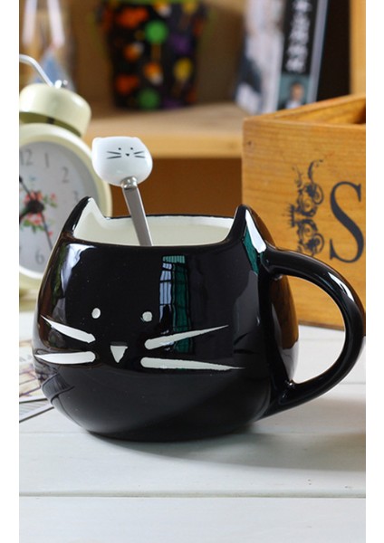 Seramik Sevimli Kedi Kupalar Kaşık Kahve Çay Süt İle Hayvan Bardaklar Saplı 400 Ml Drinkware Güzel Hediyeler | Kedi Kupa | Kupa Kupa İle Kupa (Siyah) (Yurt Dışından)