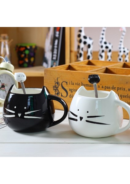 Seramik Sevimli Kedi Kupalar Kaşık Kahve Çay Süt İle Hayvan Bardaklar Saplı 400 Ml Drinkware Güzel Hediyeler | Kedi Kupa | Kupa Kupa İle Kupa (Siyah) (Yurt Dışından)