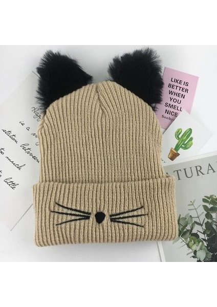 Kedi Kulakları Kadın Örme Akrilik Sıcak Kış Beanie Caps (Bej) (Yurt Dışından)