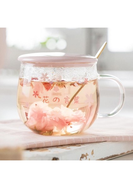 Japonya Tarzı Cam Kupa Sevimli Pembe Kawaii Drinkware Süt Kahve Su Kupası Mutfak Ofis Narin Kaşık Kapaklı Kiraz Çiçeği Kupa | Kupalar (Pembe) (Yurt Dışından)
