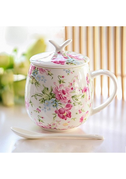 Seramik Kahve Kupa Kapak Ve Kaşık İle Chic Kemik Çini Kahve Fincanı Setleri 450 Ml Seramik Yaratıcı Basit Süt Kupası Çift | Kupalar (Pembe) (Yurt Dışından)