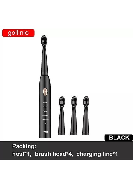 Gollinio Sonic Elektrikli Diş Fırçası Yetişkin Zamanlayıcı Fırçası 5 Modu Usb Şarj Şarj Edilebilir Diş Fırçaları Değiştirme Kafaları Set Gl15A (Gl15 Siyah 4 Kafa) (Yurt Dışından)