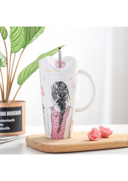 Sevimli Kız Seramik Kupası 450 Ml Porselen Kahve Kupa İle Saman Bayan Ev Süt Çay Suyu Bardakları Doğum Günü Hediyesi | Kupalar (Pembe) (Yurt Dışından)