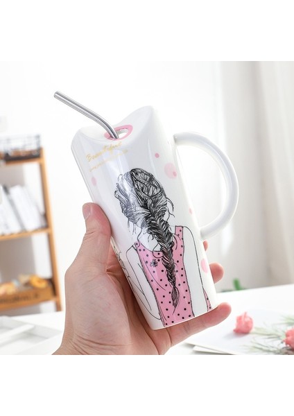 Sevimli Kız Seramik Kupası 450 Ml Porselen Kahve Kupa İle Saman Bayan Ev Süt Çay Suyu Bardakları Doğum Günü Hediyesi | Kupalar (Pembe) (Yurt Dışından) fiyatları