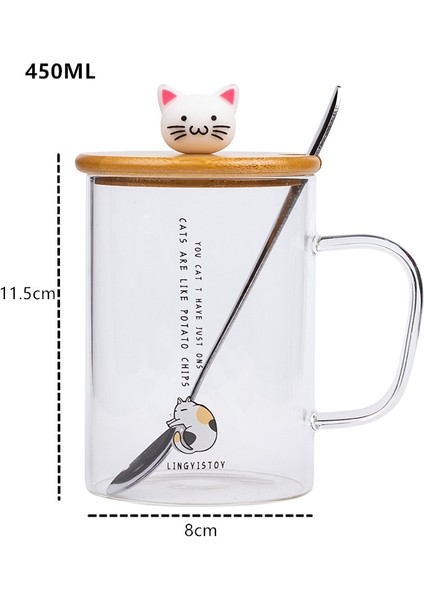 450Ml Sevimli Kedi Cam Kupa Kaşık Ve Kapak Kahve İle Kupalar Kolu İle Süt Kahvaltı Bardakları Drinkware Güzel Hediyeler | Kupalar (Beyaz) (Yurt Dışından)