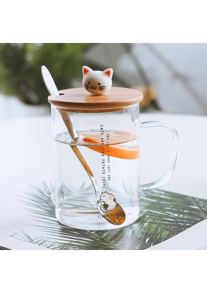 450Ml Sevimli Kedi Cam Kupa Kaşık Ve Kapak Kahve İle Kupalar Kolu İle Süt Kahvaltı Bardakları Drinkware Güzel Hediyeler | Kupalar (Beyaz) (Yurt Dışından)
