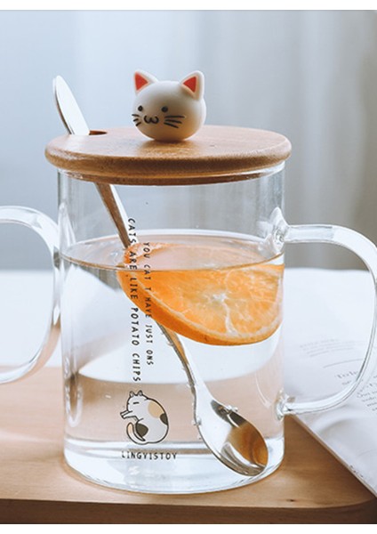 450Ml Sevimli Kedi Cam Kupa Kaşık Ve Kapak Kahve İle Kupalar Kolu İle Süt Kahvaltı Bardakları Drinkware Güzel Hediyeler | Kupalar (Beyaz) (Yurt Dışından)