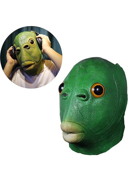 Yeşil Balık Kafası Hayvan Lateks Headgear Maskesi Kürklü Eldiven Cadılar Bayramı Noel Cosplay Kostüm Aksesuar Parti Sahne (Balık Maskesi) (Yurt Dışından)