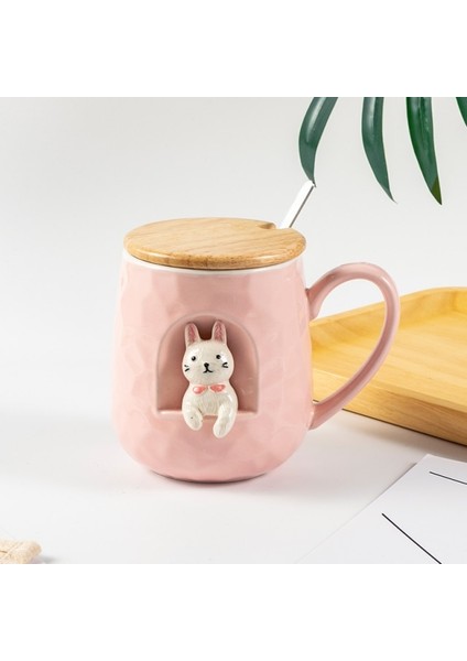 430 Ml Sevimli Hayvanlar Kabartma Seramik Kupa Kapak Ve Kaşık Kahve Süt Çay Kolu Kupası Yenilik Hediyeler | Kupalar (Pembe) (Yurt Dışından)