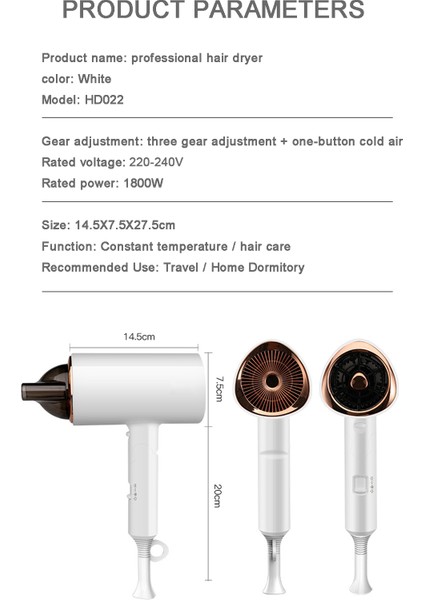 Saç Kurutma Makinesi 1800 W Güçlü Rüzgar Kurutucular Saç Profesyonel Taşınabilir Blowdryer 1 Hız Ve 3 Isı Ayarı Soğuk Kapatma Düğmesi Hızlı Kurutma | Saç Kurutma Makineleri (Yurt Dışından)