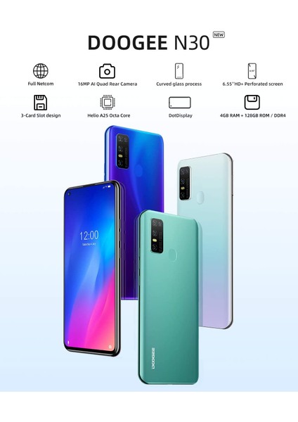 Sanlindou , Doogee N30 Akıllı Telefon Sım Telefonlar Unlocked, 6.55 "Hd + Dotdisplay, 4Gb + 128 Gb, 16Mp Aı Quad Kamera, 4500Mah, Android 10.0, 4G Çift Sım, Parmak Izi / Yüz Id, Beyaz (Yurt Dışından)
