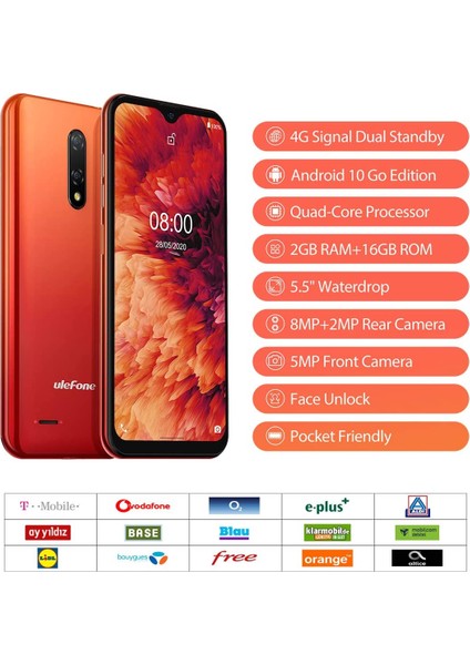 Ulefone Not 8P, Sım Unlocked, 4G Android 10 Akıllı Telefonlar, 2Gb Ram 16 Gb Rom Sd 128 Gb, 5.5 Inç Waterdrop Tam Ekran, (Yurt Dışından) Turuncu