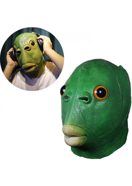 Yeşil Balık Kafası Hayvan Lateks Headgear Maskesi Kürklü Eldiven Cadılar Bayramı Noel Cosplay Kostüm Aksesuar Parti Sahne (Balık Maskesi) (Yurt Dışından)