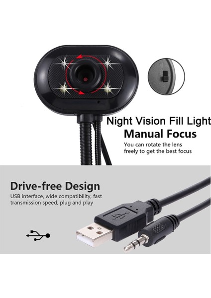5.0 Mp 2.0 Sürücüsüz USB Mikrofonlu ve Dört Led'li Webcam (Kablo Uzunluğu 1.1m)-Siyah (Yurt Dışından)