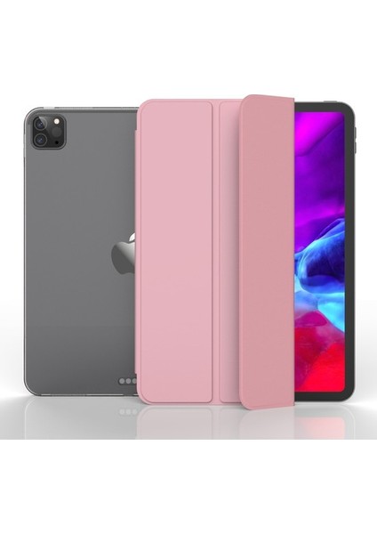 Apple iPad Pro 4. Nesil (2020) 12.9" Kılıf + Kalem Uyku Modlu Smart Cover Katlanabilir Standlı Kapaklı Tablet Kılıf Ros Gold