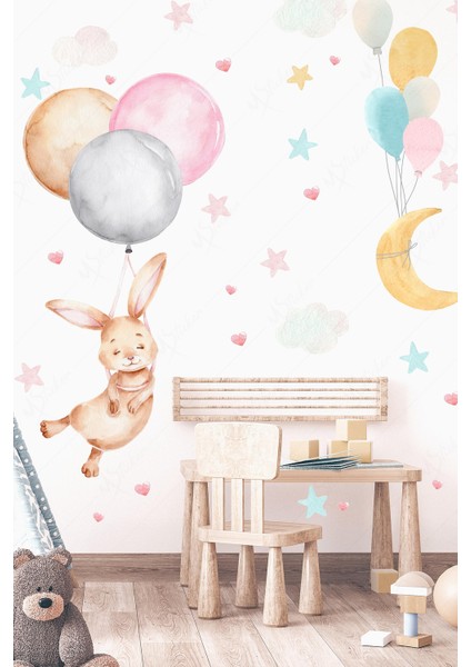 Balonda Uçan Tavşan Ay Yıldız ve Kalpler Çocuk Odası Sticker Seti