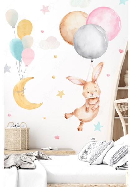 Balonda Uçan Tavşan Ay Yıldız ve Kalpler Çocuk Odası Sticker Seti fiyatları