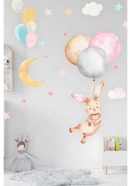 Balonda Uçan Tavşan Ay Yıldız ve Kalpler Çocuk Odası Sticker Seti modelleri