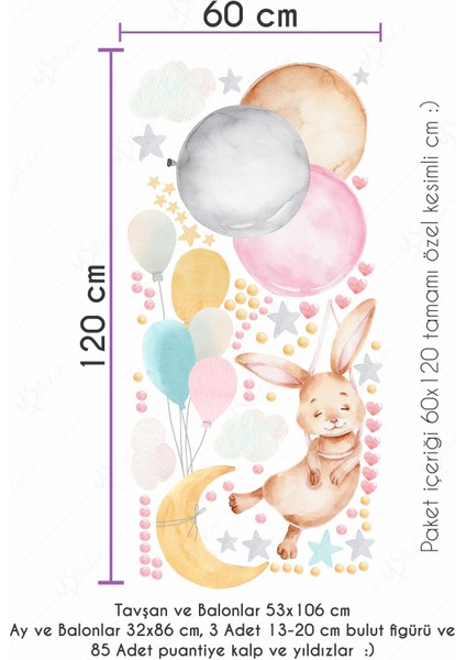 Balonda Uçan Tavşan Ay Yıldız ve Kalpler Çocuk Odası Sticker Seti fırsatları