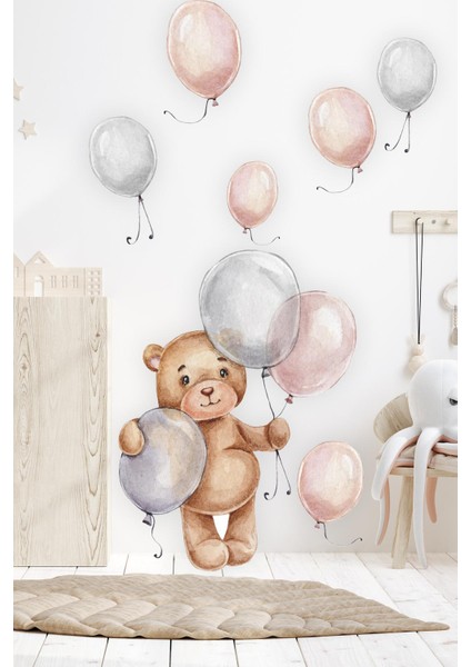 Sevimli Ayıcık ve Balonlar Çocuk Bebek Odası Sticker Seti