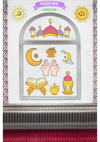Hoşgeldin Ramazan Dua Cami Ay Fener Figürleri Cam Duvar Dekorasyon Sticker Seti modelleri