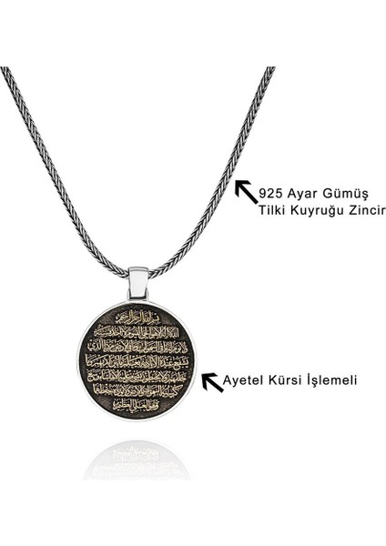 Siyah Zeminli Ayetel Kürsi Işlemeli 925 Ayar Gümüş Kolye