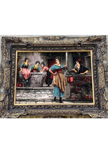 Geleneksel Çeşme Aşkı Temalı Iran Tebriz Halı Tablo 98X78CM Duvar Halı Kilim Tablo