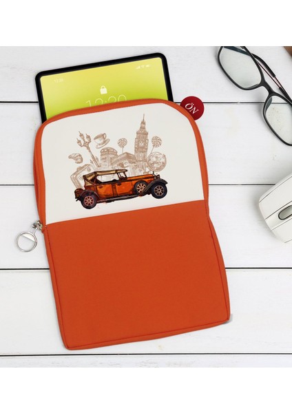 Gift Klasik Araç Tasarımlı Taşınabilir Koruyucu Tablet Kılıfı & Organizer Çanta - Turuncu-2