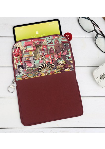 Gift Modern Soyut Tasarımlı Taşınabilir Koruyucu Tablet Kılıfı & Organizer Çanta - Bordo-7
