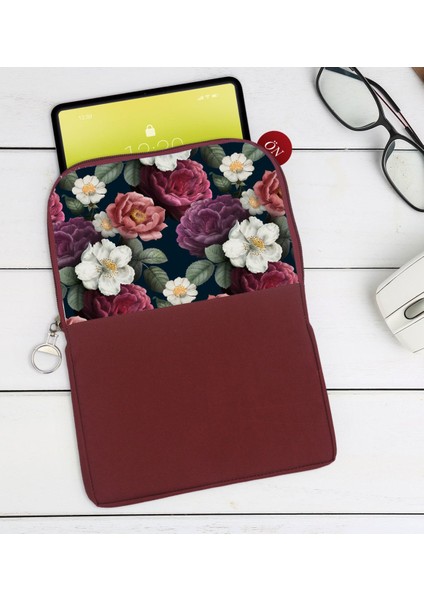 Gift Çiçekler Tasarımlı Taşınabilir Koruyucu Tablet Kılıfı & Organizer Çanta - Bordo-2