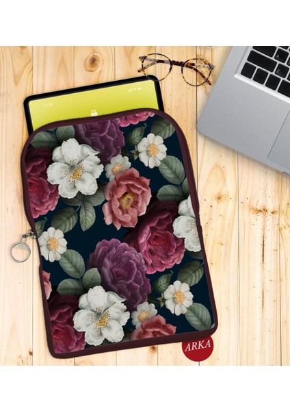 Gift Çiçekler Tasarımlı Taşınabilir Koruyucu Tablet Kılıfı & Organizer Çanta - Bordo-2