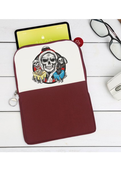 Gift Kurukafa Tasarımlı Taşınabilir Koruyucu Tablet Kılıfı & Organizer Çanta - Bordo-3