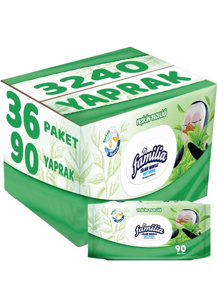 Islak Havlu Mendil Yeşilin Tazeliği 90 Yaprak Plastik Kapaklı 36 Lı Set 3240 Yaprak