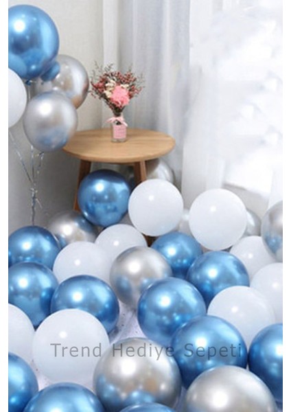 Krom Pembe - Mavi ve Pastel Beyaz Renk Balon 10 Adet