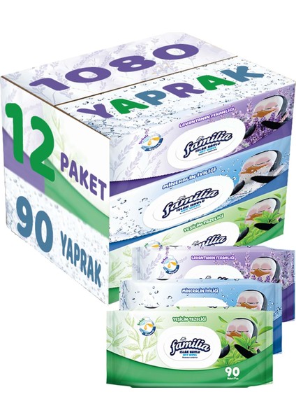 Islak Havlu Mendil 90 Yaprak Karma 12 Li Set (Lavanta-Mineral-Yeşilin Tazeliği) 1080 Yaprak