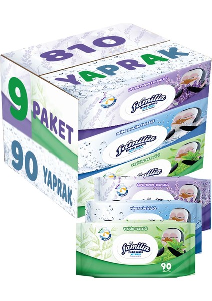Islak Havlu Mendil 90 Yaprak Karma 9 Lu Set (Lavanta-Mineral-Yeşilin Tazeliği) 810 Yaprak