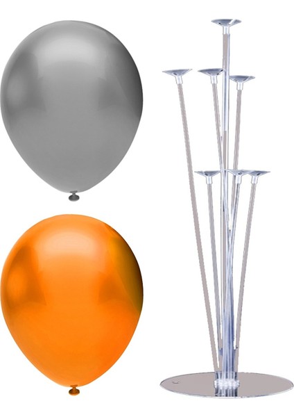 7 Çubuklu Balon Standı + 7 Adet Balon ( Gümüş - Turuncu )