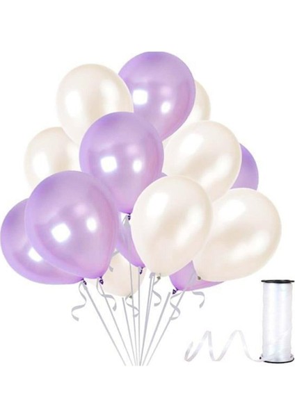 Beyaz - Lila Metalik Balon 50 Adet+ 5 mt Balon Zinciri