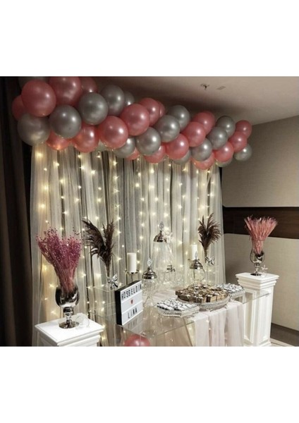 50 Adet 12 Inç Metalik Parti Balonu Metalik Pembe - Metalik Gümüş + 5 mt Balon Zinciri