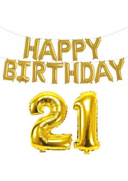 Altın Renk Happy Birthday Yazılı 21 Yaş Folyo Balon Parti ve Kutlama Seti
